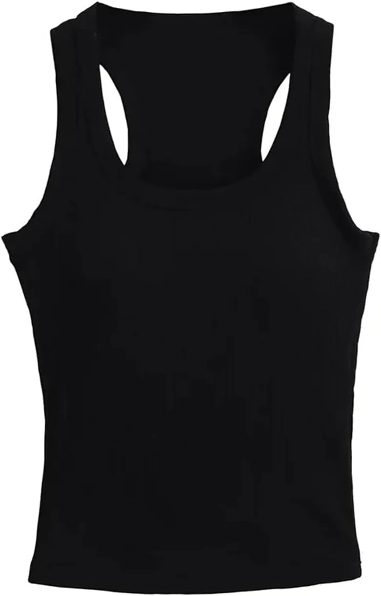 Women's Square Neck Sleeveless Camisole Built-in Chest Pad Ribbed Slim Fit Summer Tank Top