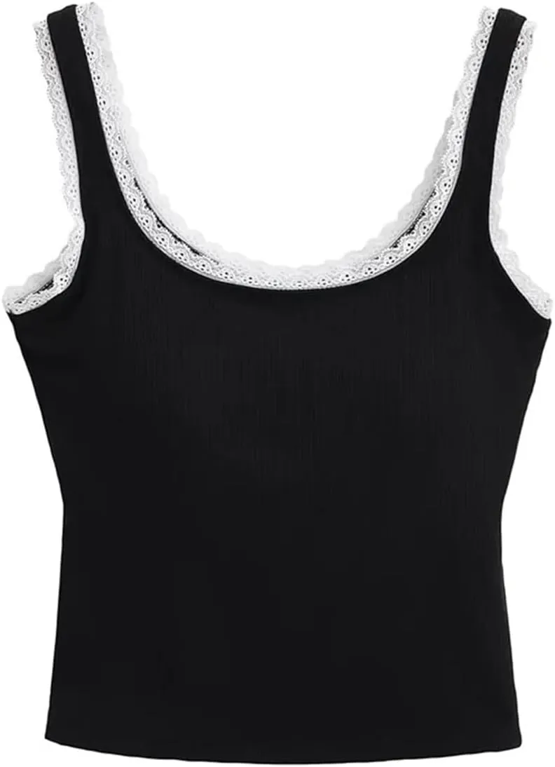 Women's Square Neck Sleeveless Tops Lace Edge Ribbed Built-in Chest Pad Summer Casual Camisole