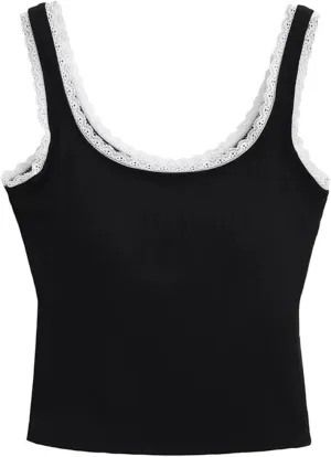 Women's Square Neck Sleeveless Tops Lace Edge Ribbed Built-in Chest Pad Summer Casual Camisole