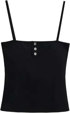Women's Square Neck Spaghetti Strap Camisole Button-Up Slim Fit Casual Tank Top
