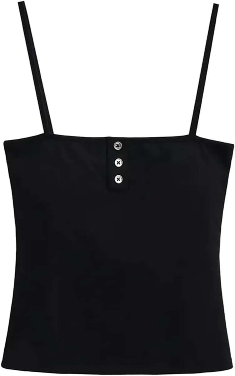 Women's Square Neck Spaghetti Strap Camisole Button-Up Slim Fit Casual Tank Top