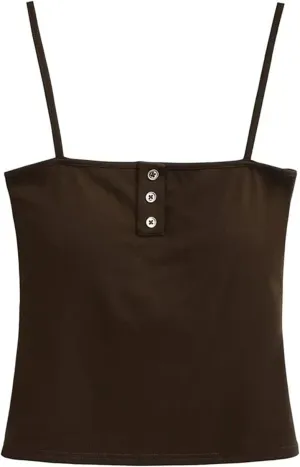 Women's Square Neck Spaghetti Strap Camisole Button-Up Slim Fit Casual Tank Top