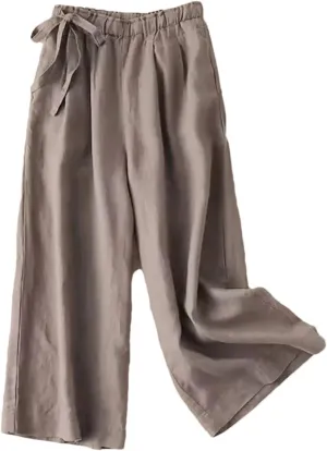 Women's Summer Cotton Linen Pants  Straight Trousers Vintage Casual Ankle-Length Drawstring Elastic Waist