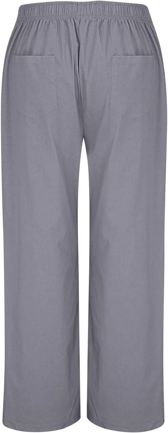 Women's Summer High-Waisted Trousers Button Elastic Waist Wide-Leg Pants Beach Cotton Linen Casual Palazzo Pant