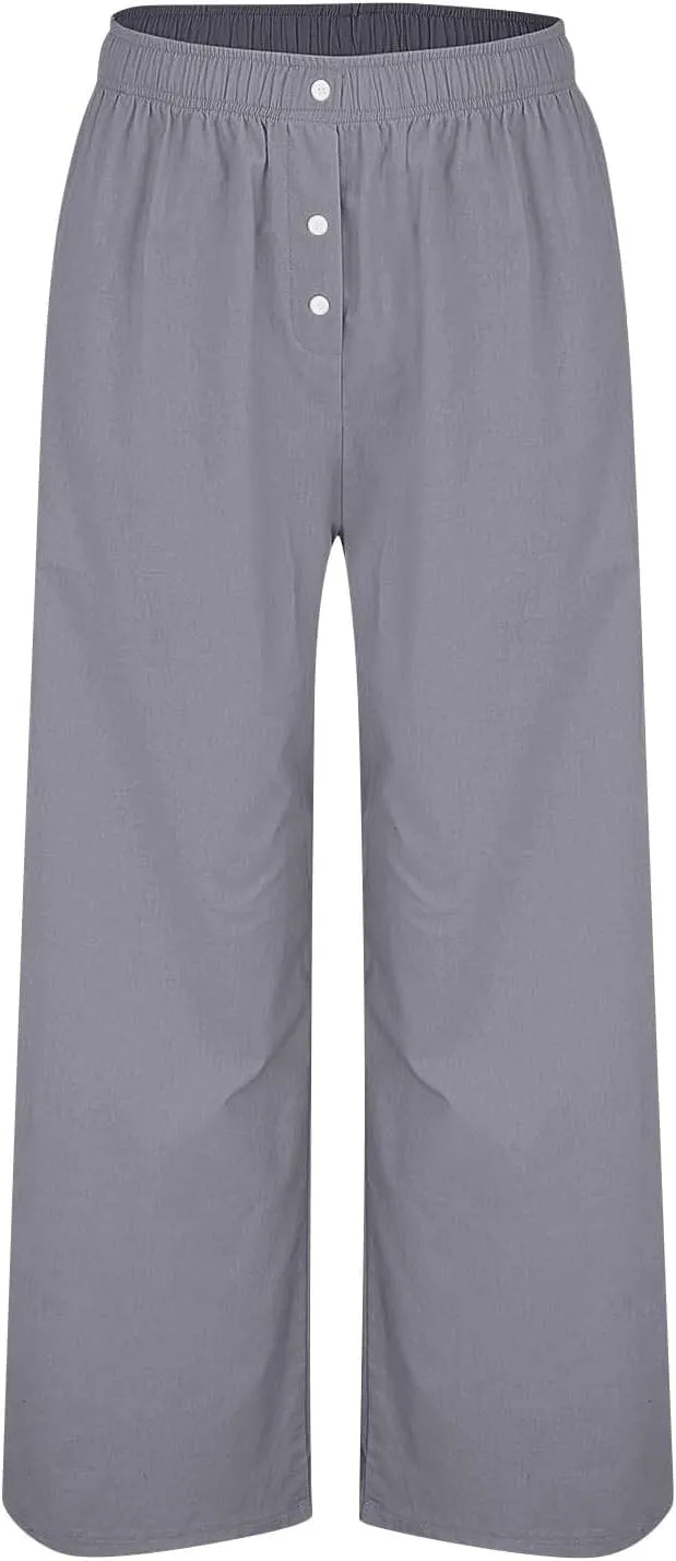 Women's Summer High-Waisted Trousers Button Elastic Waist Wide-Leg Pants Beach Cotton Linen Casual Palazzo Pant