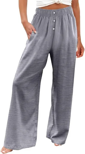 Women's Summer High-Waisted Trousers Button Elastic Waist Wide-Leg Pants Beach Cotton Linen Casual Palazzo Pant