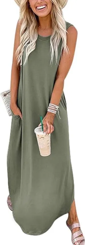 Womens Summer Maxi Dress Casual Sleeveless V Neck Split Long Beach Dresses Loose Sundress with Pocket