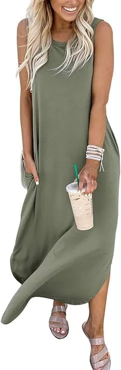 Womens Summer Maxi Dress Casual Sleeveless V Neck Split Long Beach Dresses Loose Sundress with Pocket