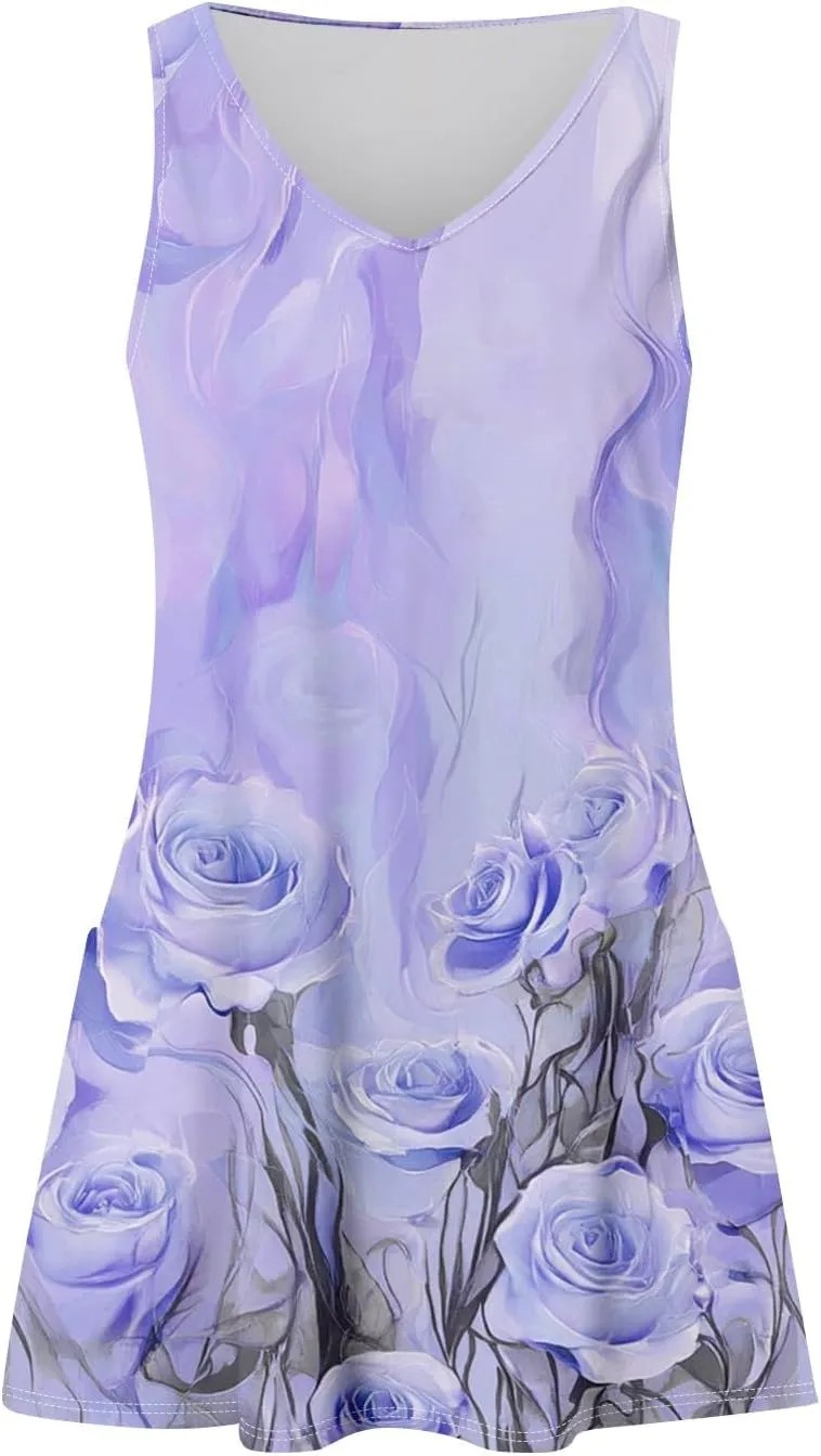 Women's Summer Sleeveless V-Neck Floral Print Casual Loose Beach Dress Lightweight and Breathable Summer
