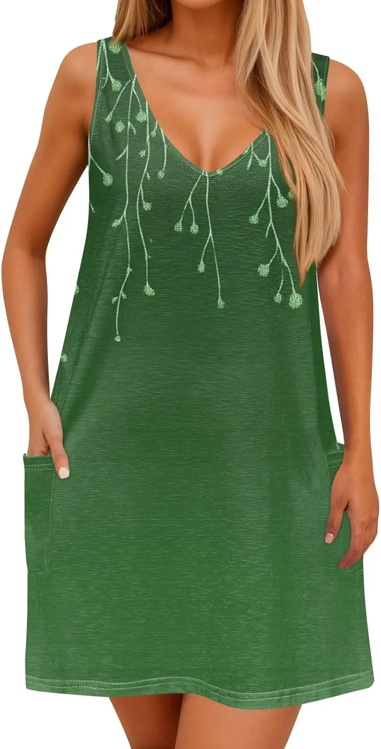 Women's Summer Sleeveless V-Neck Floral Print Casual Loose Beach Dress Lightweight and Breathable Summer