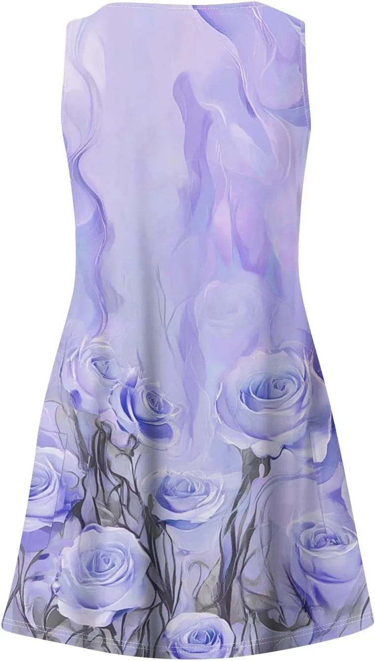 Women's Summer Sleeveless V-Neck Floral Print Casual Loose Beach Dress Lightweight and Breathable Summer