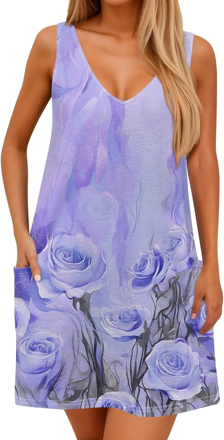 Women's Summer Sleeveless V-Neck Floral Print Casual Loose Beach Dress Lightweight and Breathable Summer