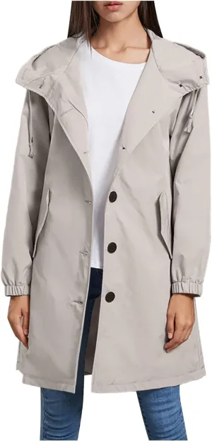 Womens Trench Coat Mid Length Hooded Cuffed Sleeve Rain Jacket Button Long Windproof Rain Coat with Pockets Outdoor