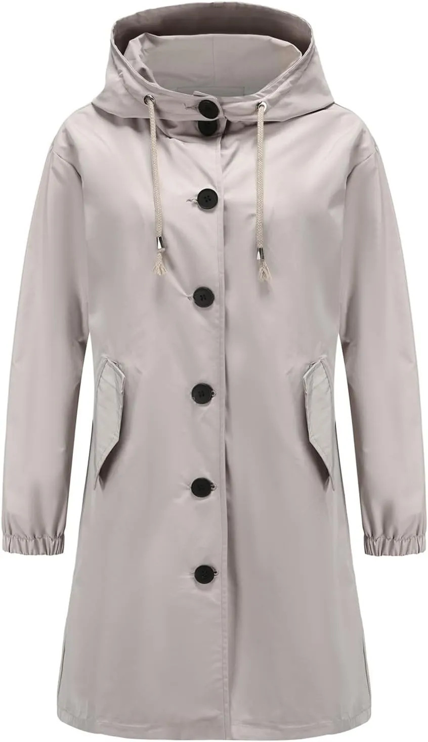 Womens Trench Coat Mid Length Hooded Cuffed Sleeve Rain Jacket Button Long Windproof Rain Coat with Pockets Outdoor