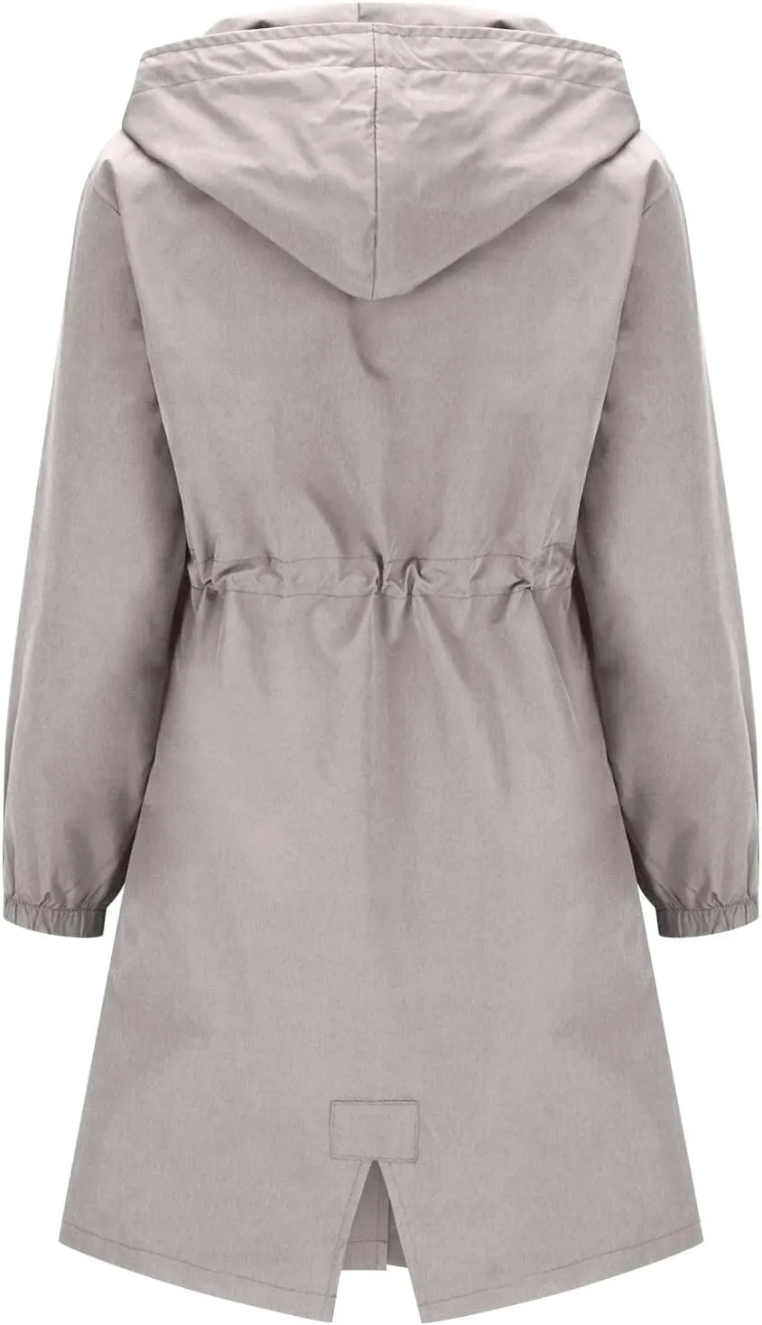 Womens Trench Coat Mid Length Hooded Cuffed Sleeve Rain Jacket Button Long Windproof Rain Coat with Pockets Outdoor