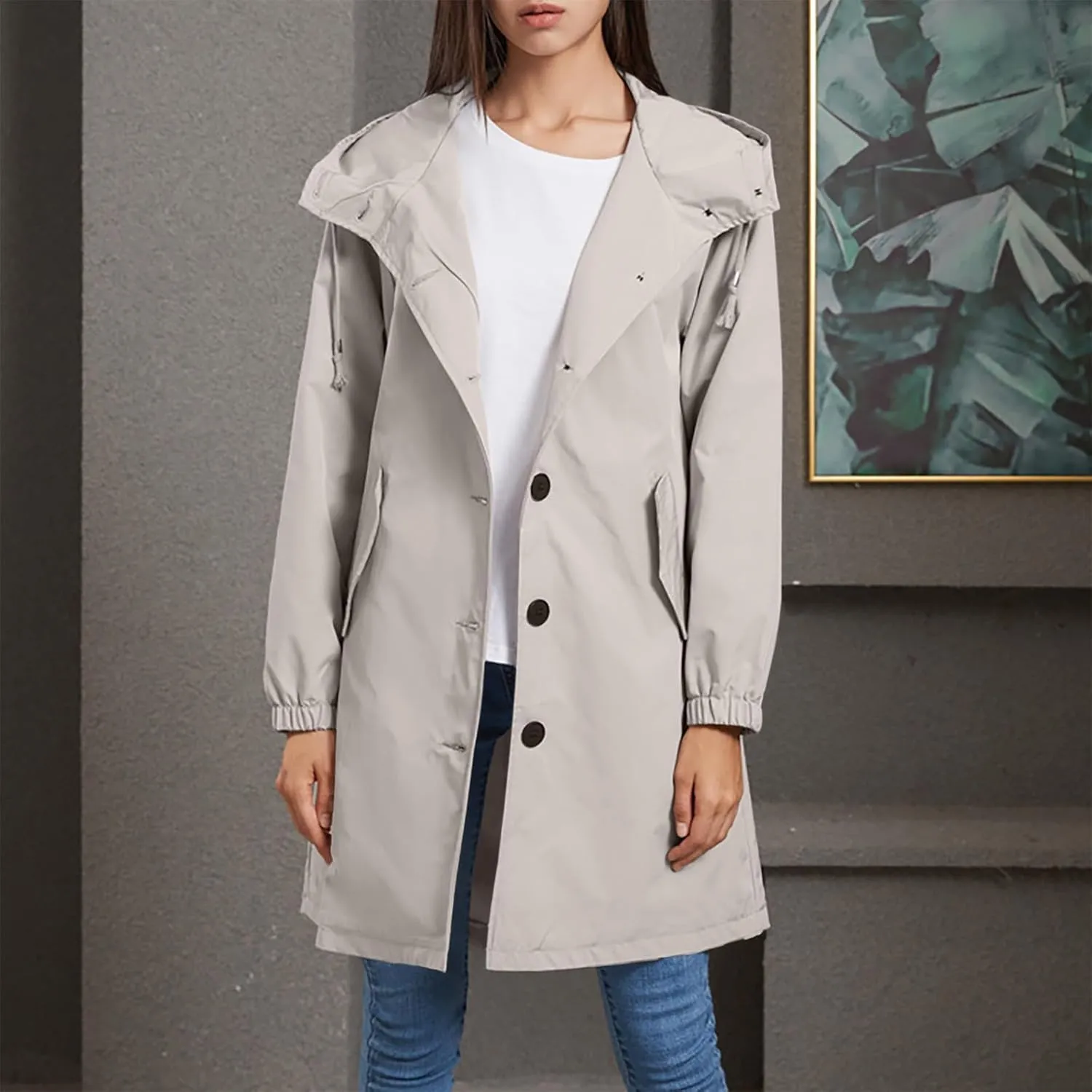 Womens Trench Coat Mid Length Hooded Cuffed Sleeve Rain Jacket Button Long Windproof Rain Coat with Pockets Outdoor