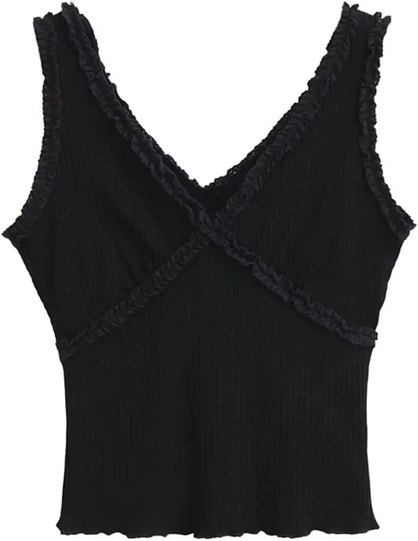 Women's V-Neck Sleeveless Tank Top Ruffle Trim Ribbed Slim Fit Summer Camisole