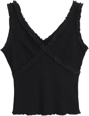 Women's V-Neck Sleeveless Tank Top Ruffle Trim Ribbed Slim Fit Summer Camisole