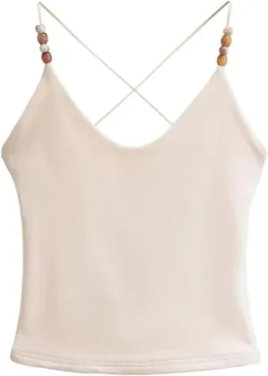 Women's V-Neck Spaghetti Strap Camisole Beaded Decoration Summer Casual Tank Top