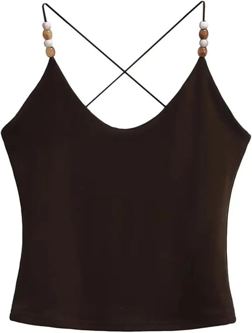 Women's V-Neck Spaghetti Strap Camisole Beaded Decoration Summer Casual Tank Top