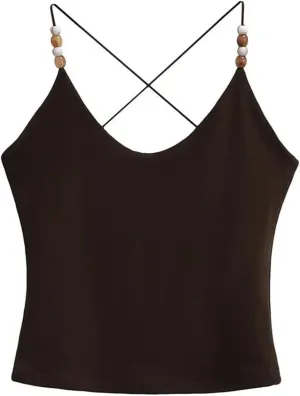 Women's V-Neck Spaghetti Strap Camisole Beaded Decoration Summer Casual Tank Top