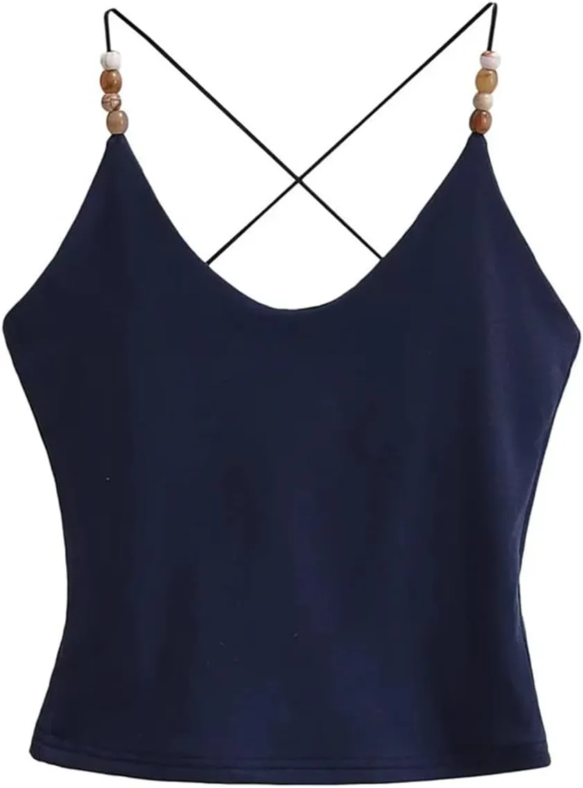 Women's V-Neck Spaghetti Strap Camisole Beaded Decoration Summer Casual Tank Top