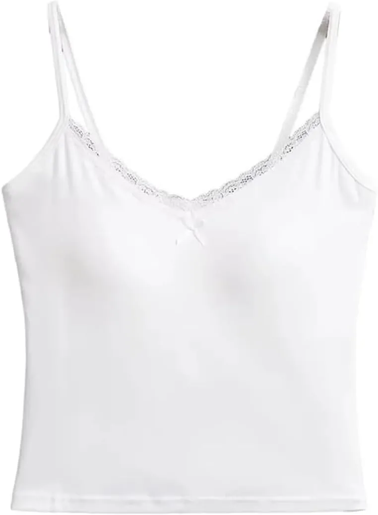 Women's V-Neck Spaghetti Strap Camisole Lace Trim Bow Design Built-in Chest Pad Slim Fit Tank Top