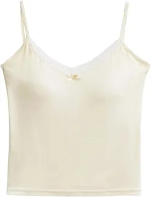 Women's V-Neck Spaghetti Strap Camisole Lace Trim Bow Design Built-in Chest Pad Slim Fit Tank Top