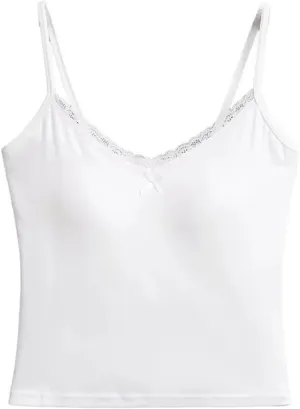 Women's V-Neck Spaghetti Strap Camisole Lace Trim Bow Design Built-in Chest Pad Slim Fit Tank Top
