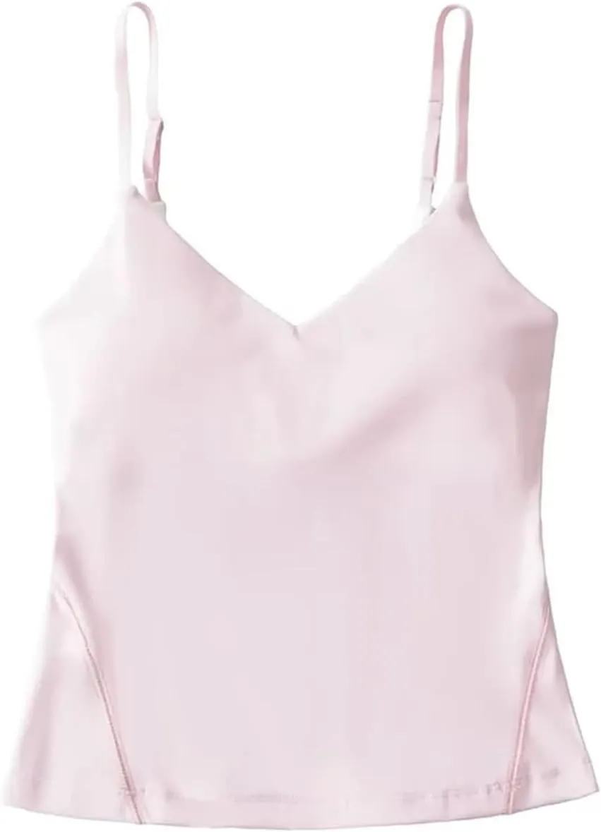 Women's V-Neck Spaghetti Strap Camisole Top Adjustable Straps Built-in Chest Pad Casual Tank Top