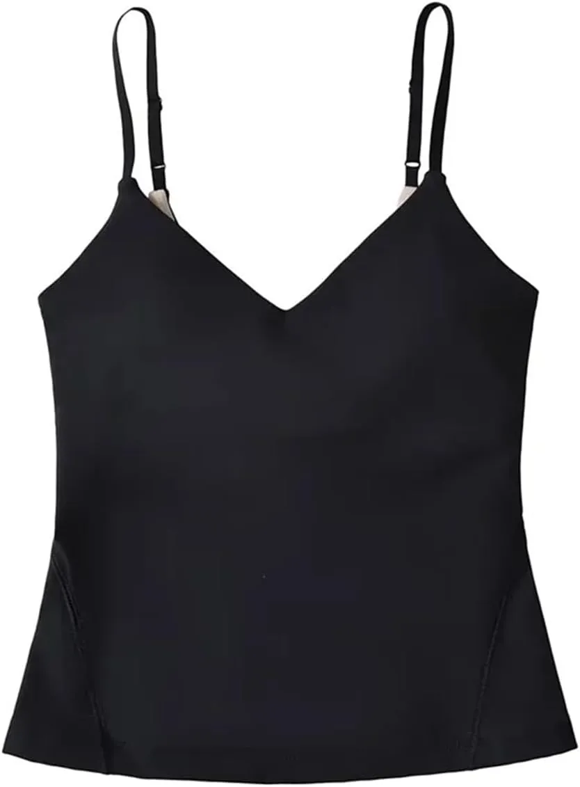 Women's V-Neck Spaghetti Strap Camisole Top Adjustable Straps Built-in Chest Pad Casual Tank Top