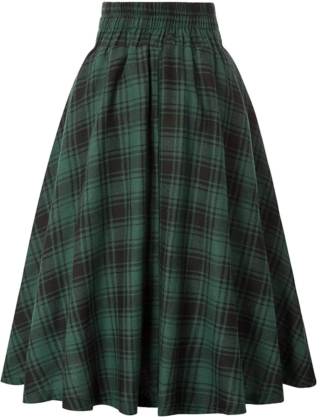 Women's Vintage Long Skirts Plaid Elegant Elastic Waist Pleated A-Line Casual High Waist Midi Skirt Plus Size