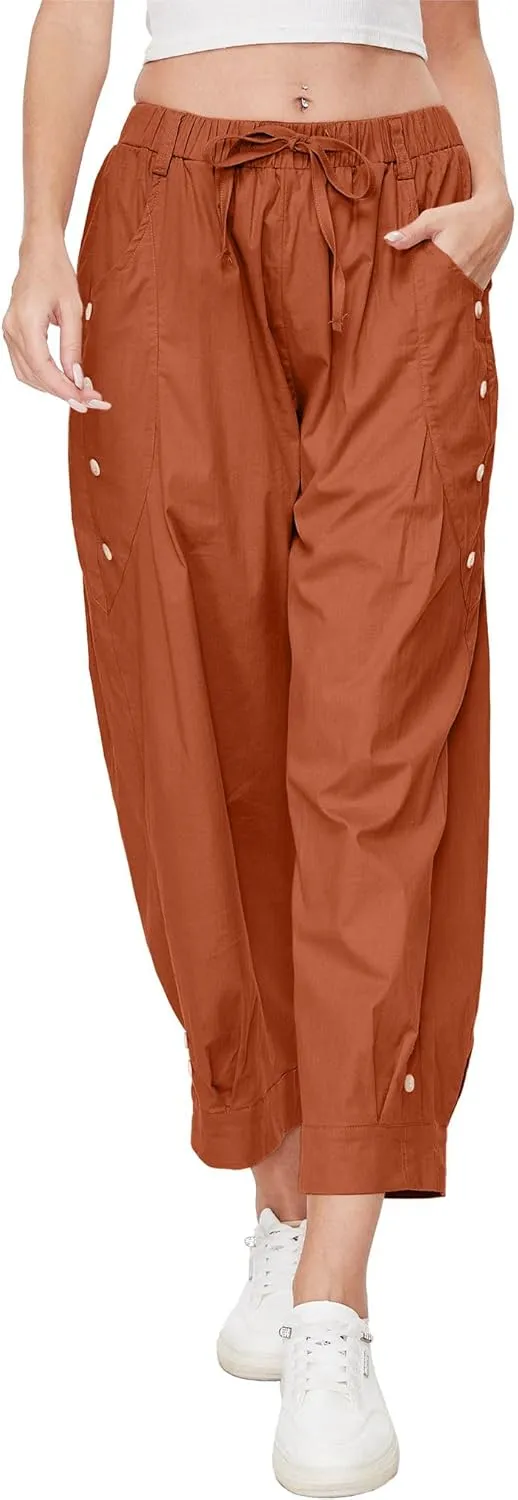 Women's Wide Leg Capri Pants Drawstring Elastic Waist Casual Pants Loose Fit Cinch Bottom Cropped Trousers with Pockets