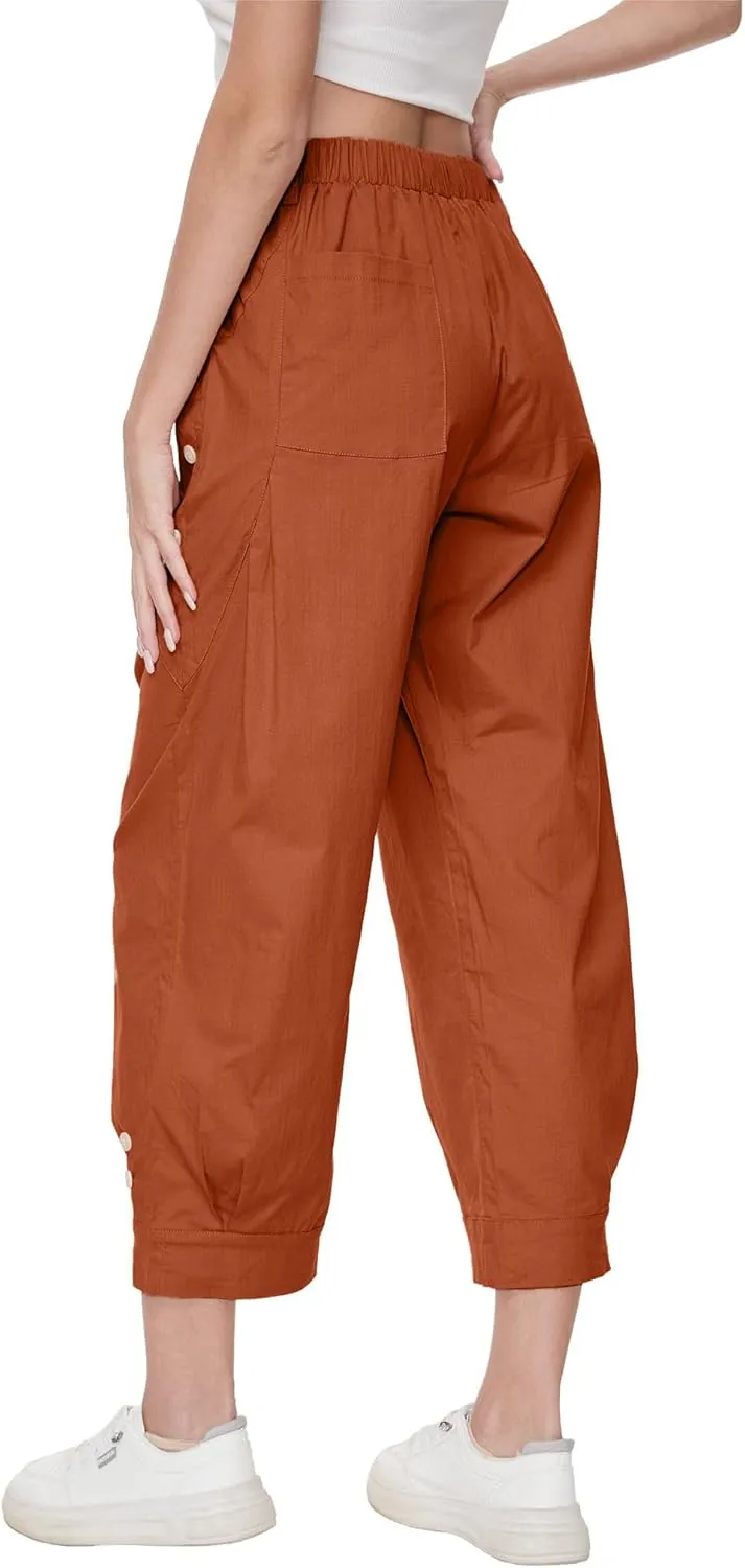 Women's Wide Leg Capri Pants Drawstring Elastic Waist Casual Pants Loose Fit Cinch Bottom Cropped Trousers with Pockets