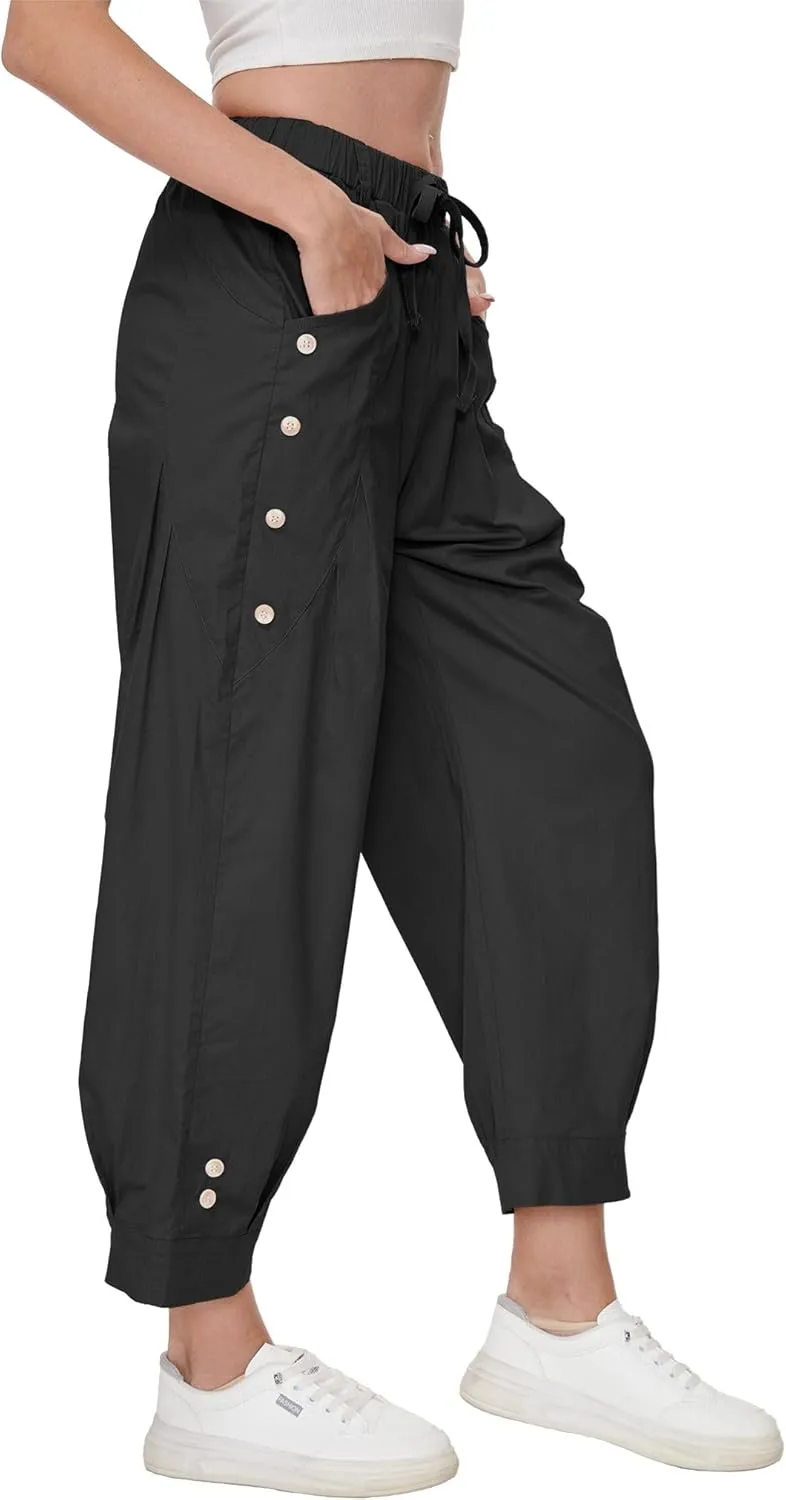 Women's Wide Leg Capri Pants Drawstring Elastic Waist Casual Pants Loose Fit Cinch Bottom Cropped Trousers with Pockets