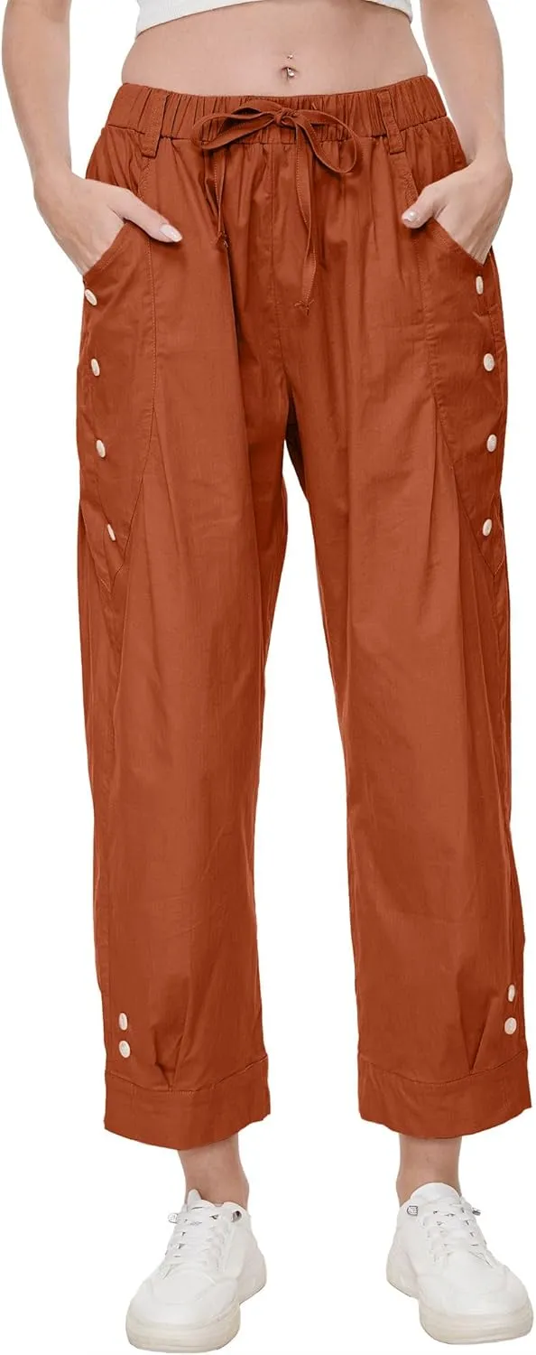 Women's Wide Leg Capri Pants Drawstring Elastic Waist Casual Pants Loose Fit Cinch Bottom Cropped Trousers with Pockets