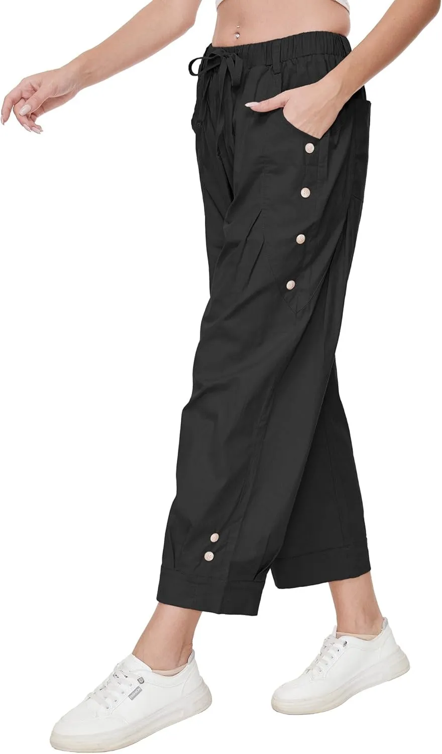Women's Wide Leg Capri Pants Drawstring Elastic Waist Casual Pants Loose Fit Cinch Bottom Cropped Trousers with Pockets