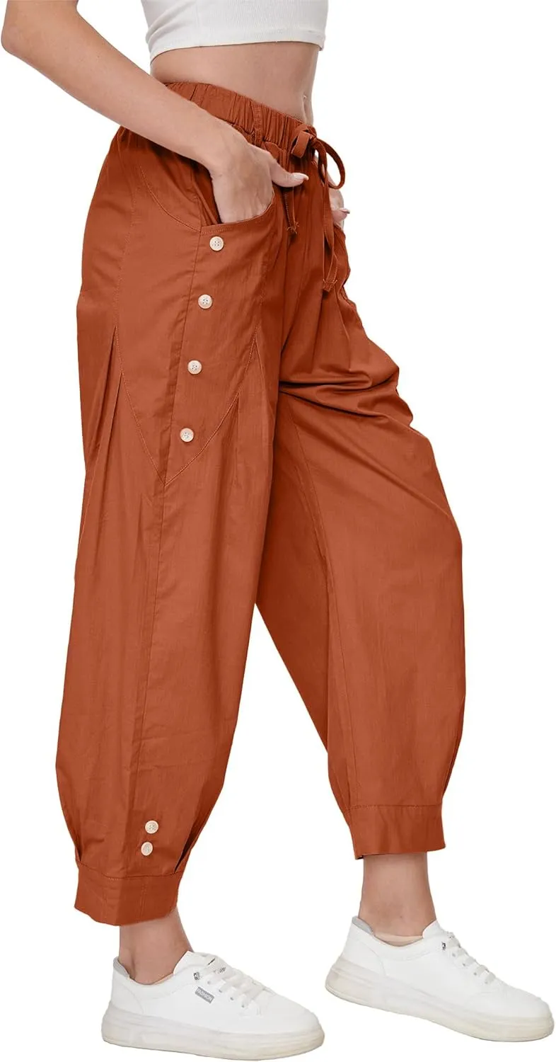Women's Wide Leg Capri Pants Drawstring Elastic Waist Casual Pants Loose Fit Cinch Bottom Cropped Trousers with Pockets