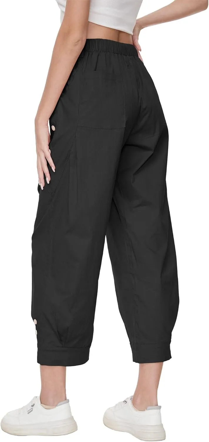 Women's Wide Leg Capri Pants Drawstring Elastic Waist Casual Pants Loose Fit Cinch Bottom Cropped Trousers with Pockets