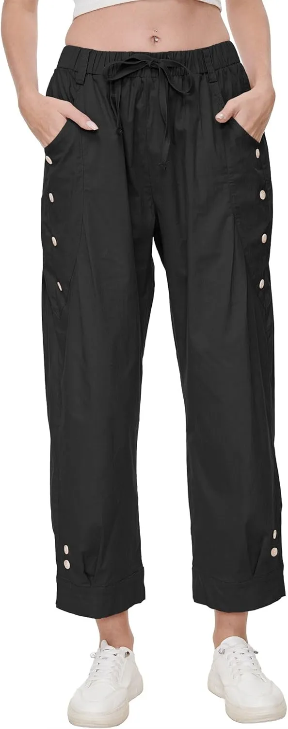 Women's Wide Leg Capri Pants Drawstring Elastic Waist Casual Pants Loose Fit Cinch Bottom Cropped Trousers with Pockets