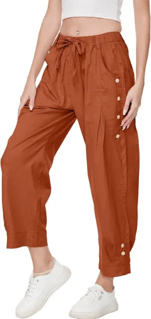 Women's Wide Leg Capri Pants Drawstring Elastic Waist Casual Pants Loose Fit Cinch Bottom Cropped Trousers with Pockets