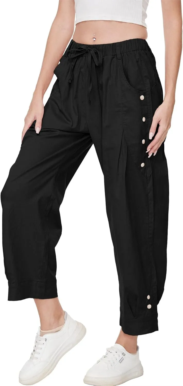 Women's Wide Leg Capri Pants Drawstring Elastic Waist Casual Pants Loose Fit Cinch Bottom Cropped Trousers with Pockets