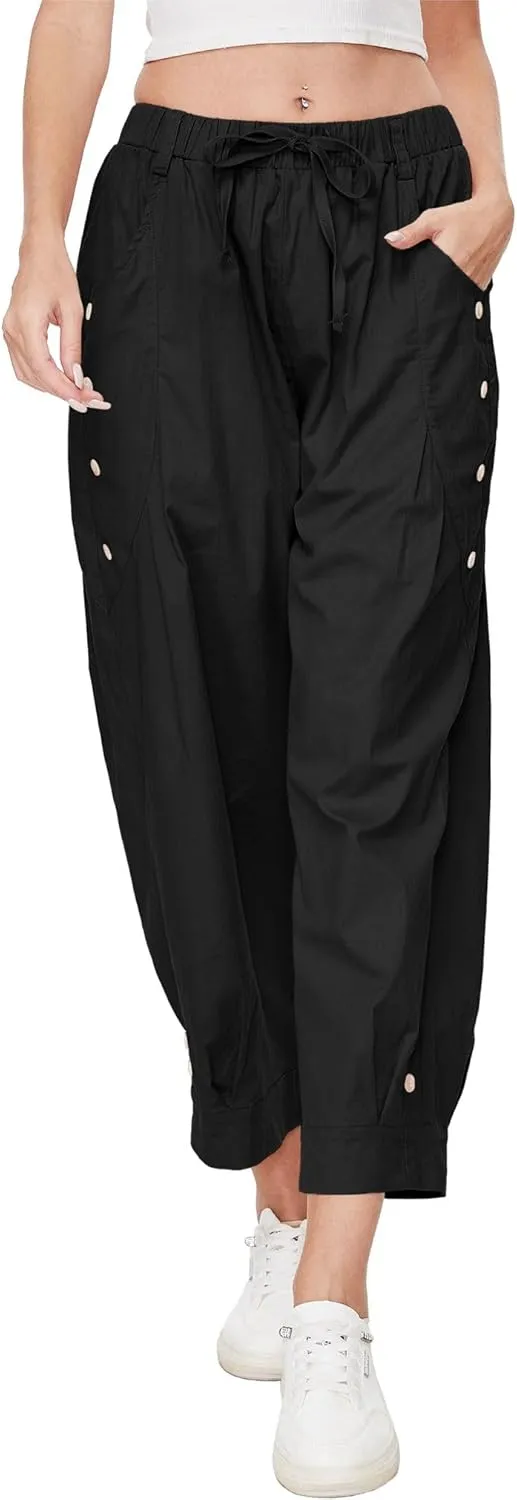 Women's Wide Leg Capri Pants Drawstring Elastic Waist Casual Pants Loose Fit Cinch Bottom Cropped Trousers with Pockets