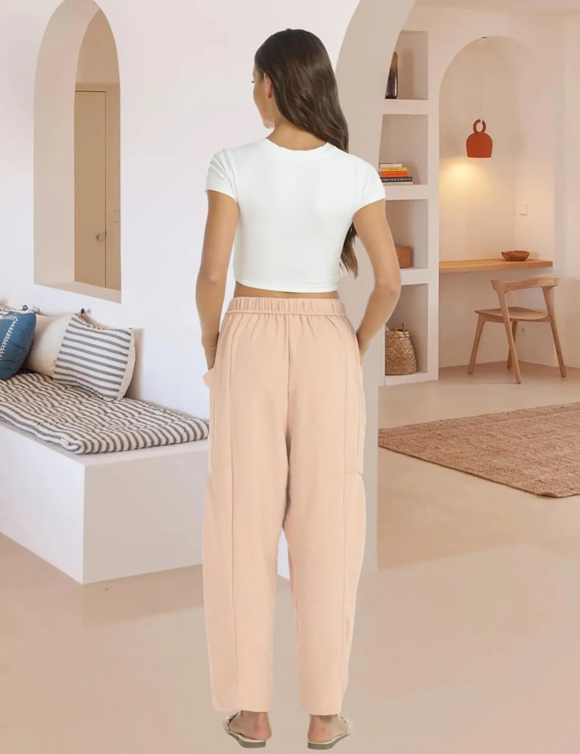 Womens Wide Leg Elastic Waist Beach Pants Summer Casual Baggy Palazzo Harem Pants Trousers with Pockets