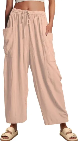 Womens Wide Leg Elastic Waist Beach Pants Summer Casual Baggy Palazzo Harem Pants Trousers with Pockets