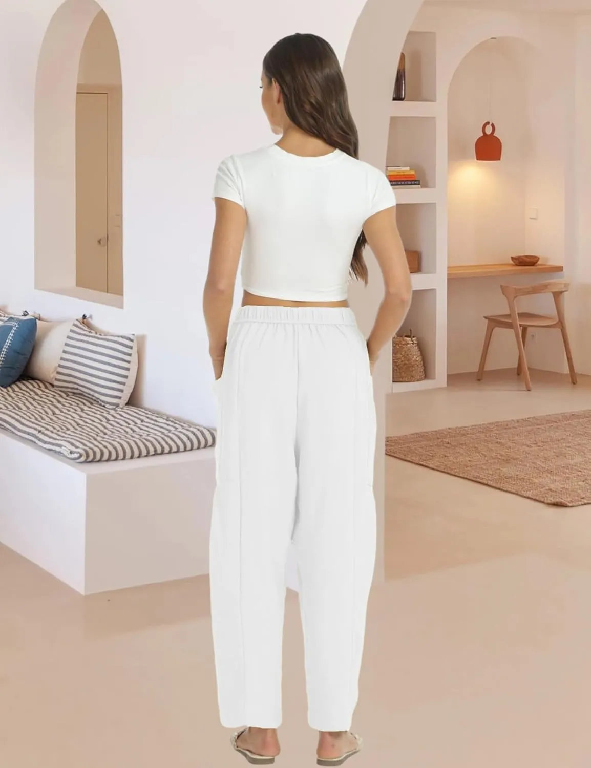 Womens Wide Leg Elastic Waist Beach Pants Summer Casual Baggy Palazzo Harem Pants Trousers with Pockets
