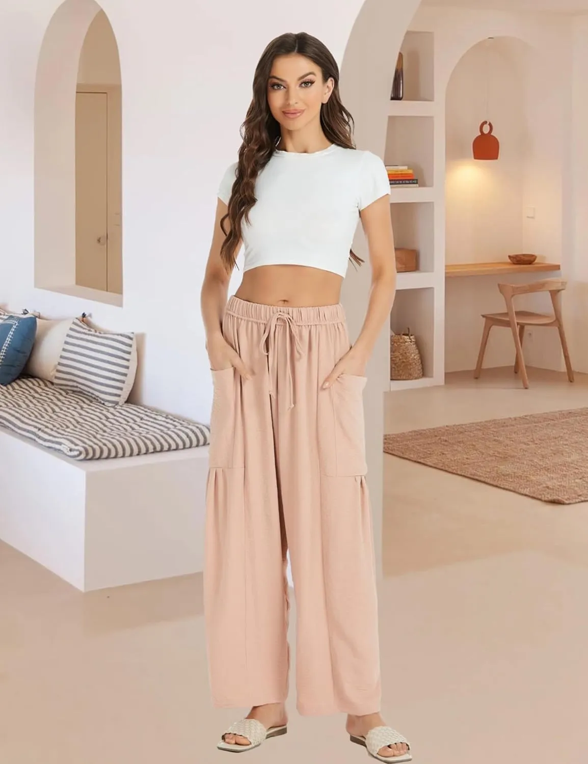 Womens Wide Leg Elastic Waist Beach Pants Summer Casual Baggy Palazzo Harem Pants Trousers with Pockets