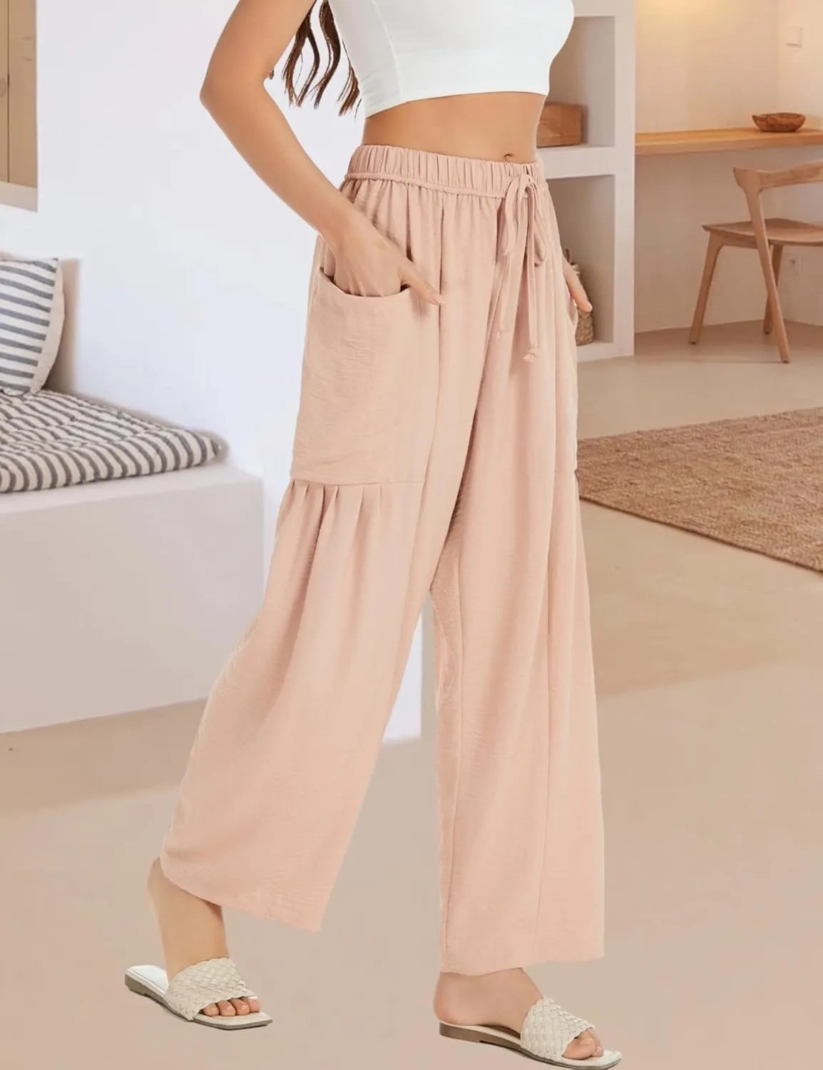 Womens Wide Leg Elastic Waist Beach Pants Summer Casual Baggy Palazzo Harem Pants Trousers with Pockets