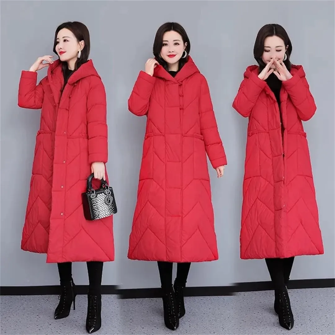 Womens Winter Jacket Thicken Warm Down Cotton Coat Hooded Cotton Padded Coat Long Puffer Parkas Overcoat