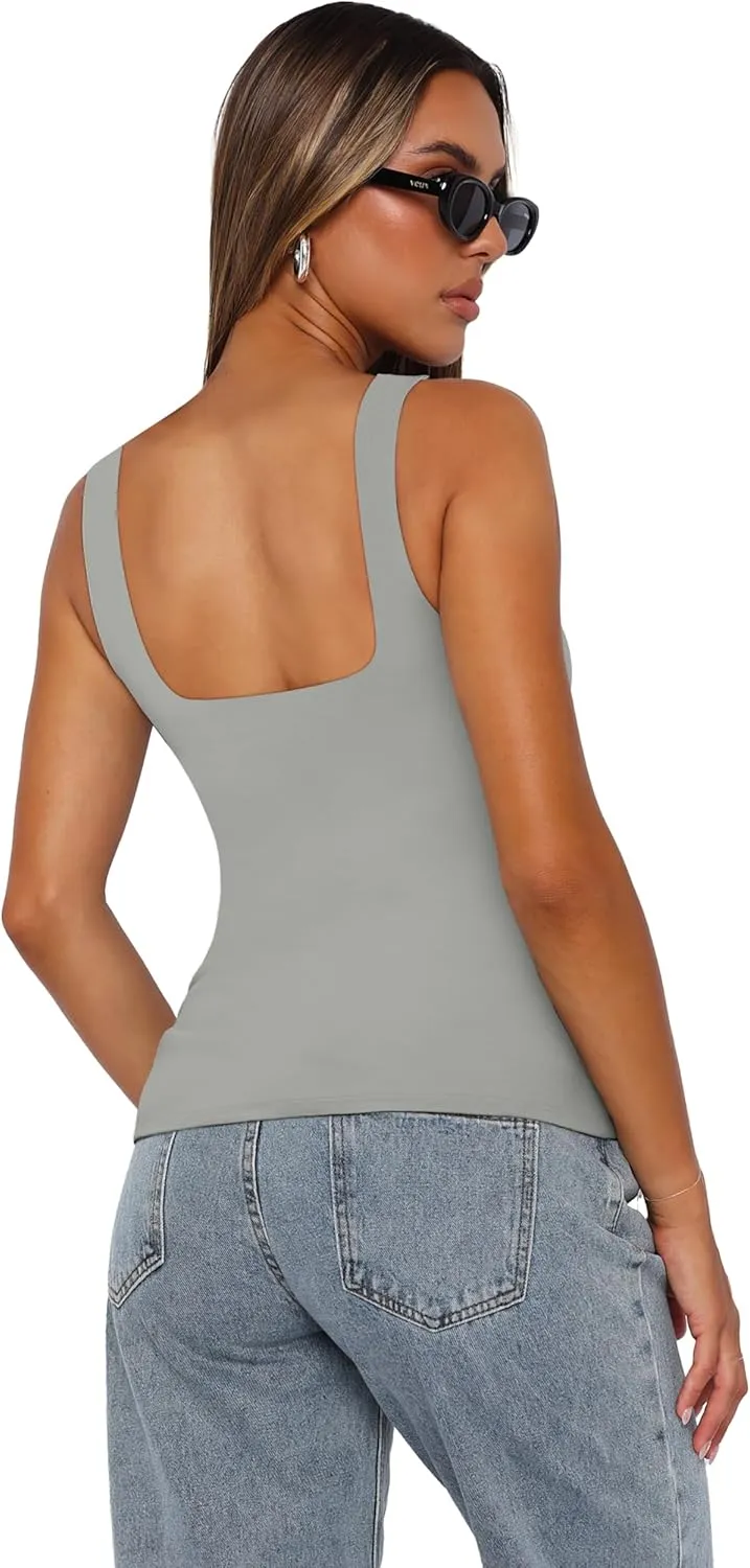 XIEERDUO Womens Square Neck Fitted Tank Tops Double Layer Seamless Slim Fit Shirts 2025 Basic Spring Summer